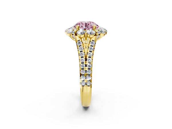 Yellow gold Fancy Pink Round  Halo Split Shank Diamond Engagement Ring with Pave Band and Four-Prong Setting
