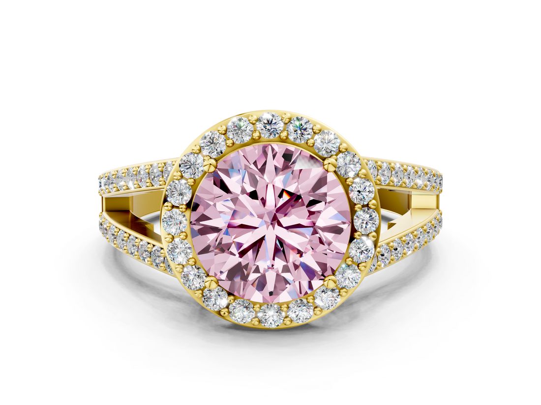 Yellow gold Fancy Pink Round  Halo Split Shank Diamond Ring with Four-Prong Setting