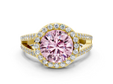 Yellow gold Fancy Pink Round  Halo Split Shank Diamond Ring with Four-Prong Setting