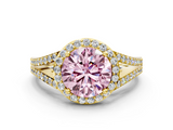 Yellow gold Fancy Pink Round  Halo Split Shank Diamond Ring with Prong Setting