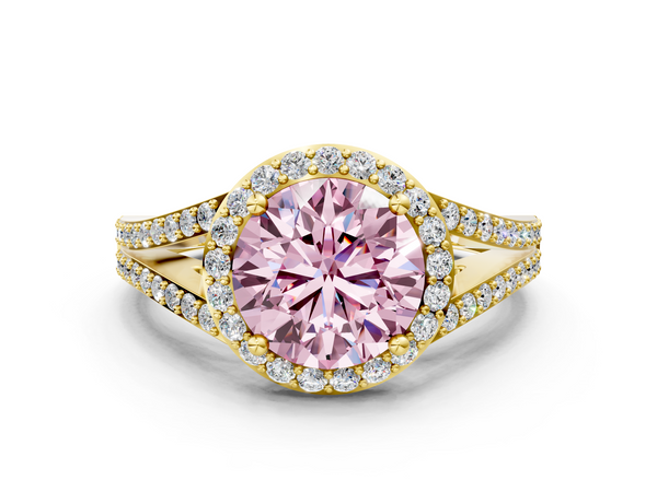 Yellow gold Fancy Pink Round  Halo Split Shank Diamond Ring with Prong Setting