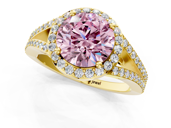 Yellow gold Fancy Pink Round  Halo Split Shank Diamond Ring with Prong Setting