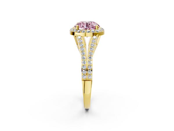 Yellow gold Fancy Pink Round  Halo Split Shank Diamond Ring with Prong Setting