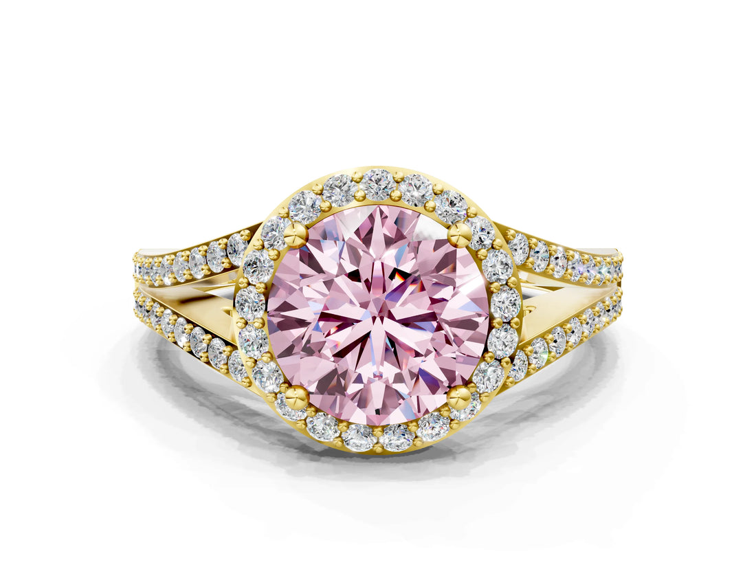 Yellow gold Fancy Pink Round  Halo Split Shank Pave Diamond Ring with Four-Prong Setting_30