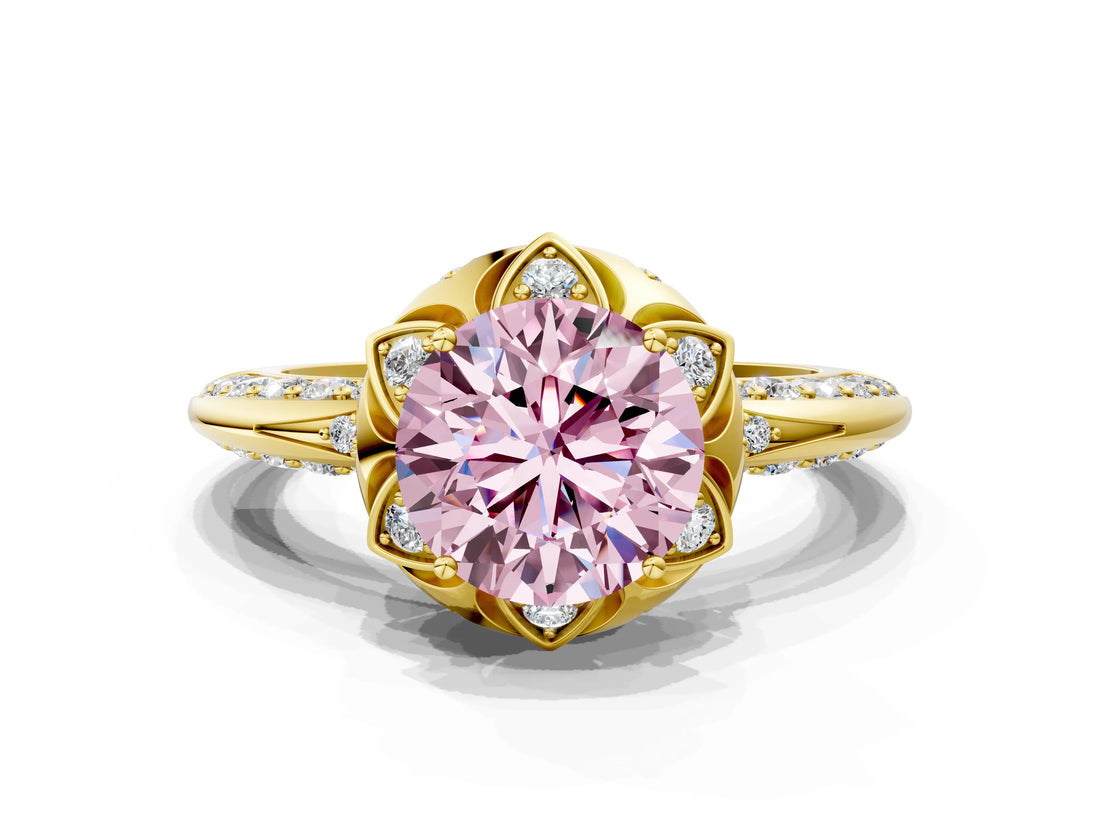 Yellow gold Fancy Pink Round  Halo Split Shank Pave Diamond Ring with Petal Prong Setting_19