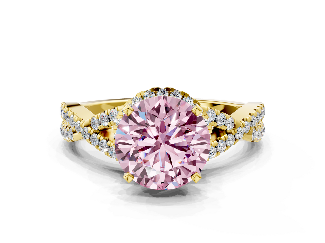 Yellow gold Fancy Pink Round  Halo Twist Band Solitaire Prong Setting Ring