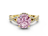 Yellow gold Fancy Pink Round  Halo Twist Band Solitaire Prong Setting Ring