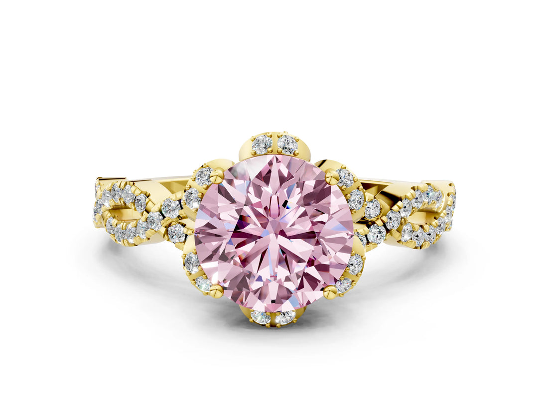 Yellow gold Fancy Pink Round  Halo Twist Band Solitaire Ring with Six-Prong Setting_3