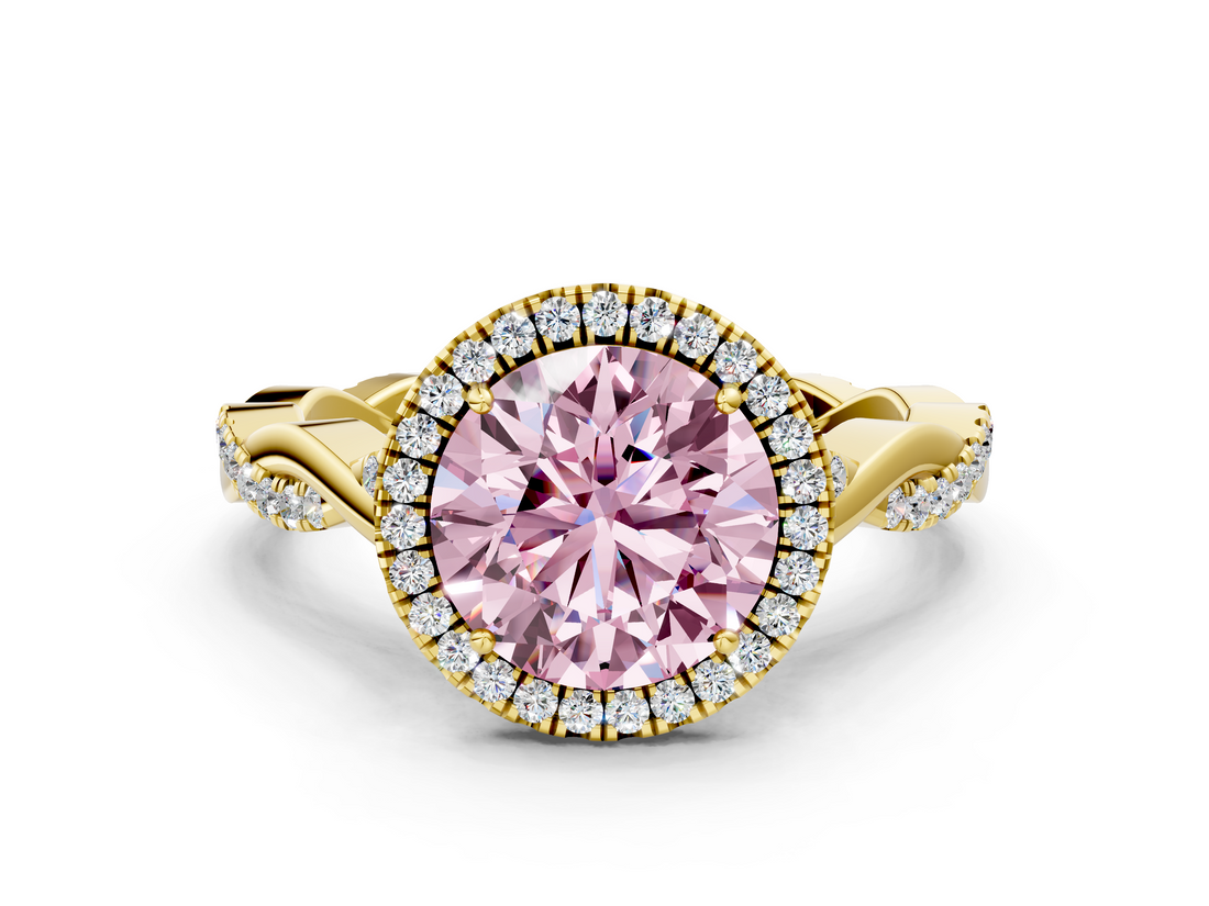 Yellow gold Fancy Pink Round  Halo Twist Band Solitaire Ring