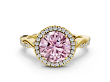 Yellow gold Fancy Pink Round  Halo Twist Band Solitaire Ring