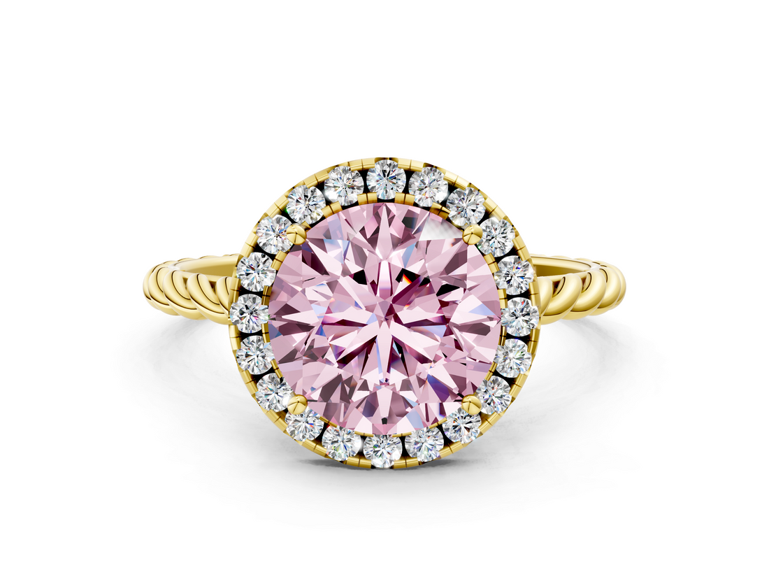 Yellow gold Fancy Pink Round  Halo Twisted Band Four-Prong Diamond Ring