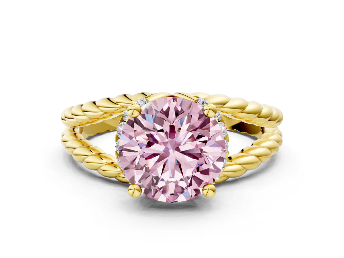Yellow gold Fancy Pink Round  Halo Twisted Band Four-Prong Ring_32