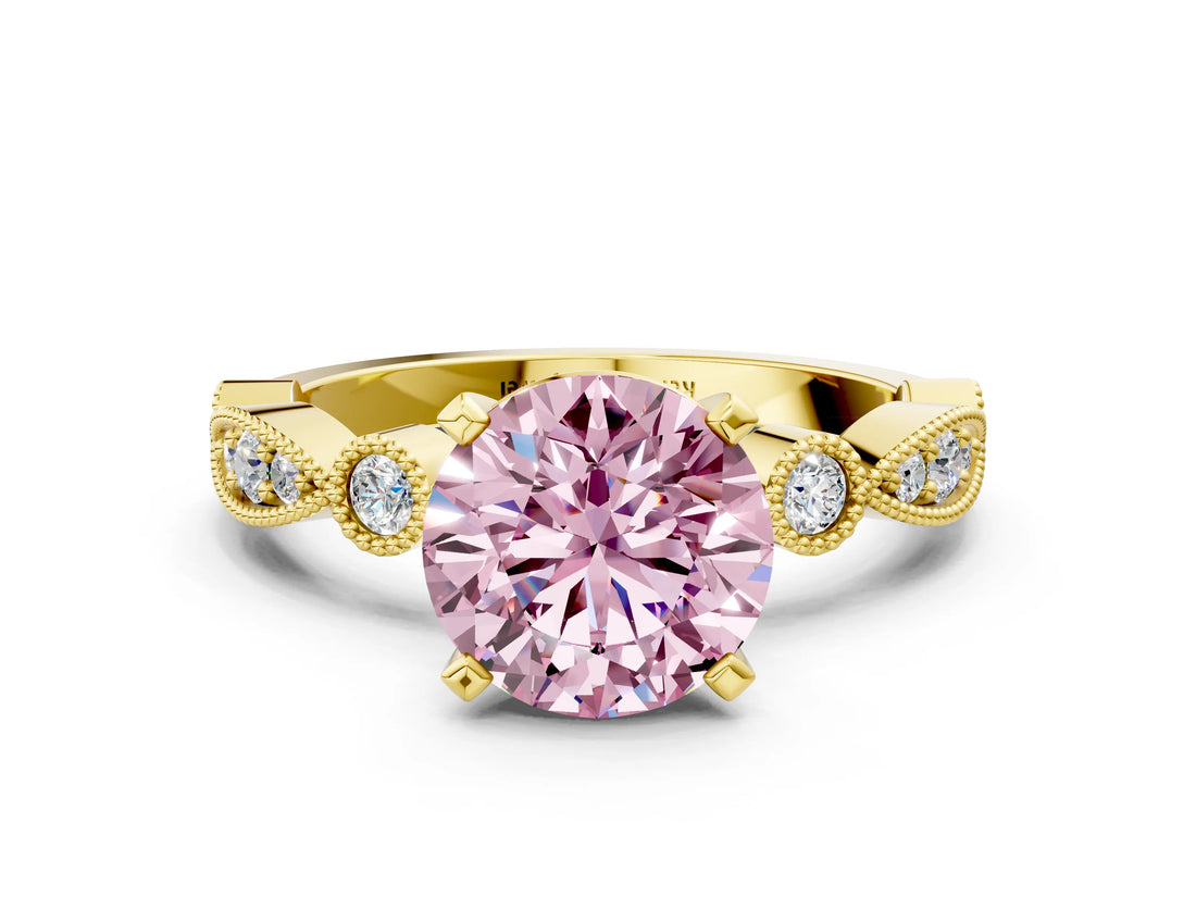 Yellow gold Fancy Pink Round  Milgrain Bezel Diamond Engagement Ring with Solitaire Prong Setting_30