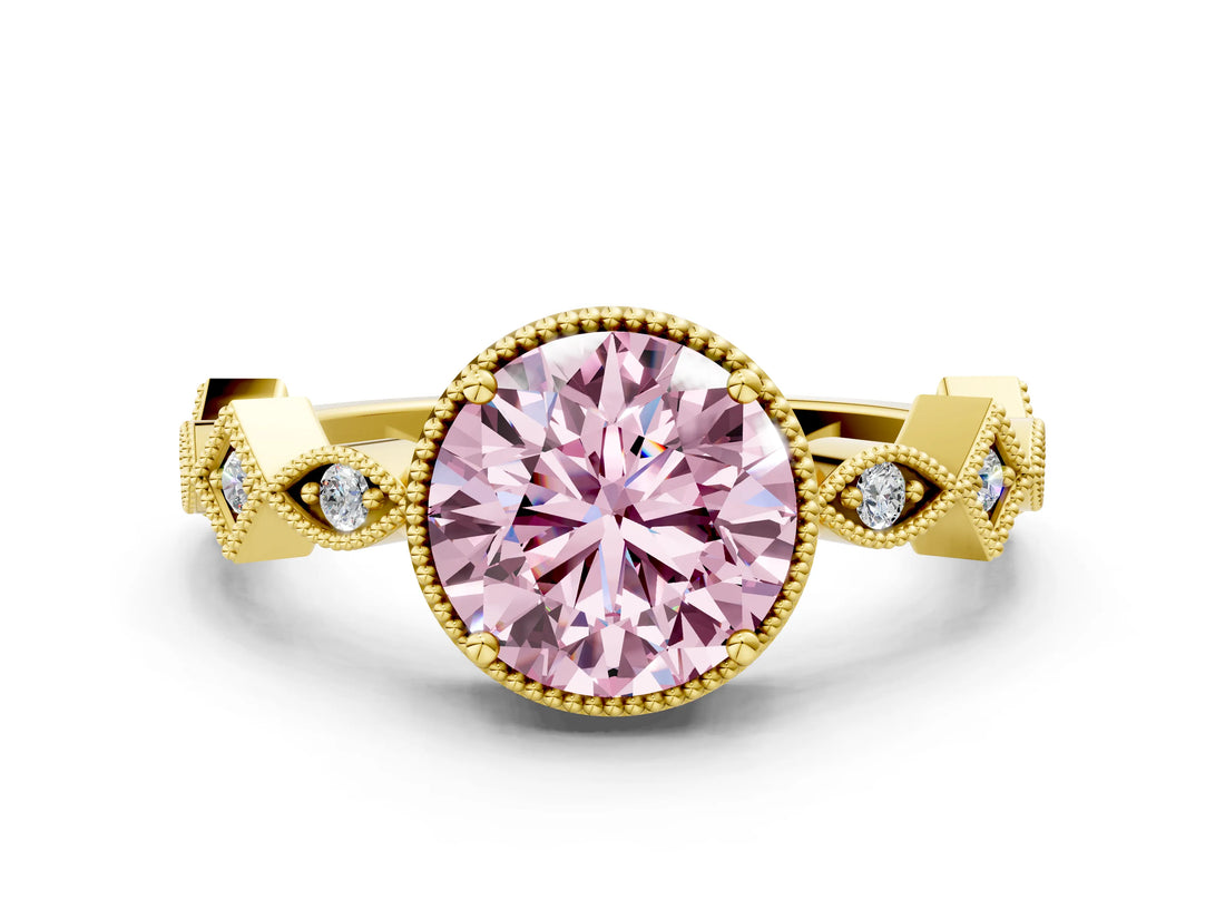 Yellow gold Fancy Pink Round  Milgrain Marquise Diamond Twist Band Ring_62