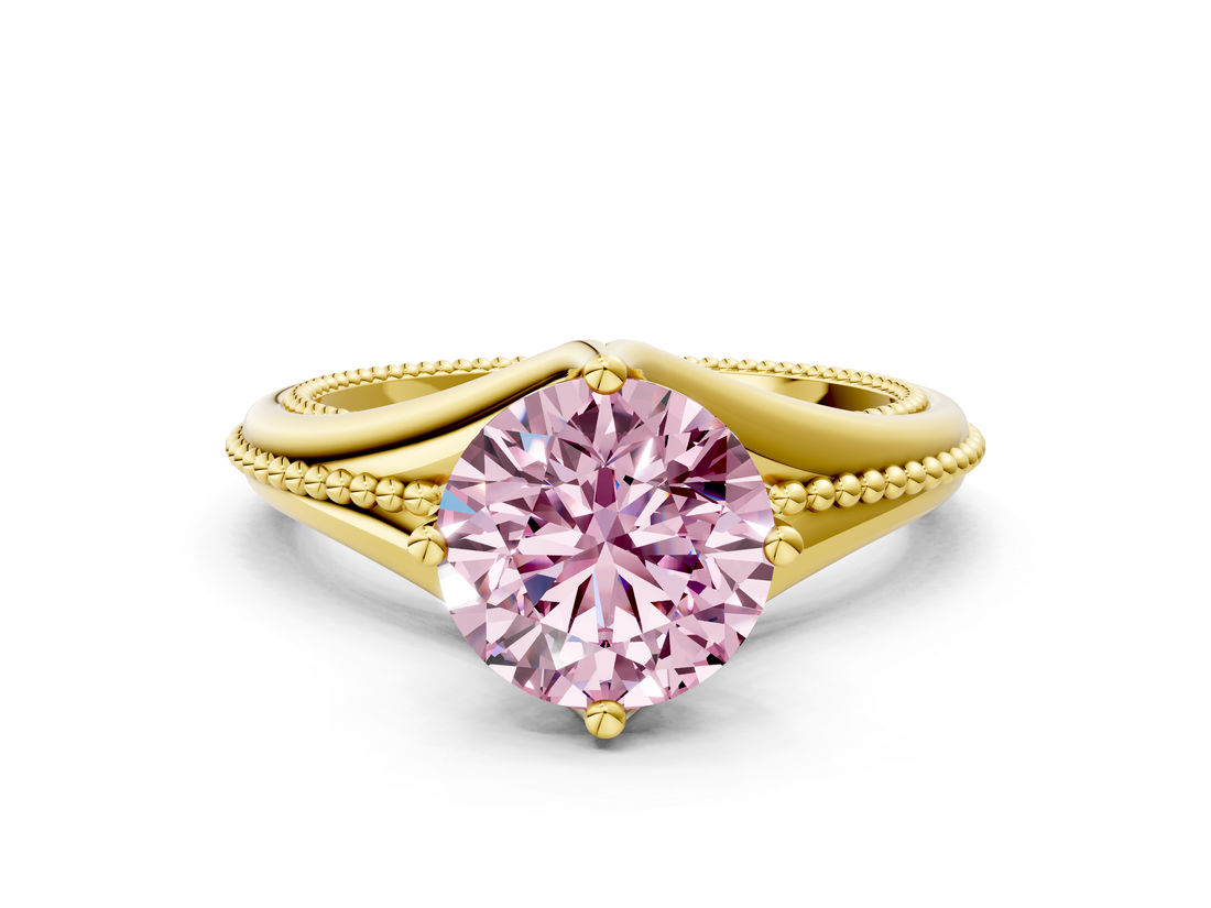 Yellow gold Fancy Pink Round  Solitaire Beaded Band Six-Prong Setting