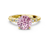 Yellow gold Fancy Pink Round  Solitaire Bezel Accent Diamond Engagement Ring with Beaded Band and Four-Prong Setting
