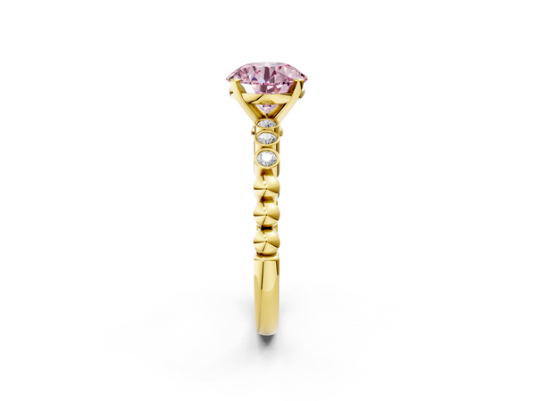 Yellow gold Fancy Pink Round  Solitaire Bezel Accent Diamond Engagement Ring with Beaded Band and Four-Prong Setting
