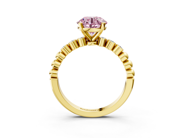 Yellow gold Fancy Pink Round  Solitaire Bezel Accent Diamond Engagement Ring with Beaded Band and Four-Prong Setting