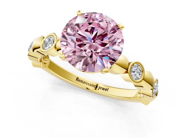 Yellow gold Fancy Pink Round  Solitaire Bezel-Set Diamond Ring with Beaded Band and Four-Prong Setting