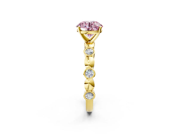 Yellow gold Fancy Pink Round  Solitaire Bezel-Set Diamond Ring with Beaded Band and Four-Prong Setting