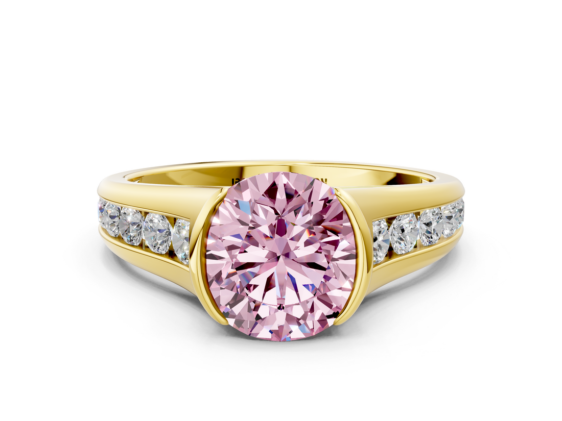 Yellow gold Fancy Pink Round  Solitaire Bezel-Set Diamond Ring with Channel-Set Band