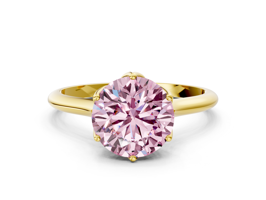 Yellow gold Fancy Pink Round  Solitaire Cathedral Diamond Ring with Six-Prong Setting