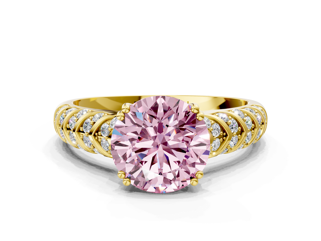 Yellow gold Fancy Pink Round  Solitaire Chevron Pave Diamond Engagement Ring with Six-Prong Setting