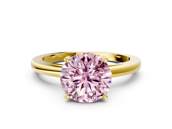 Yellow gold Fancy Pink Round  Solitaire Diamond Engagement Ring with Four-Prong Setting on a Classic Band