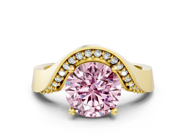 Yellow gold Fancy Pink Round  Solitaire Diamond Engagement Ring with Pave Band and Four-Prong Setting