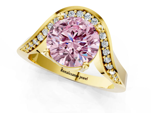 Yellow gold Fancy Pink Round  Solitaire Diamond Engagement Ring with Pave Band and Four-Prong Setting