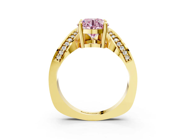 Yellow gold Fancy Pink Round  Solitaire Diamond Engagement Ring with Pave Band and Four-Prong Setting