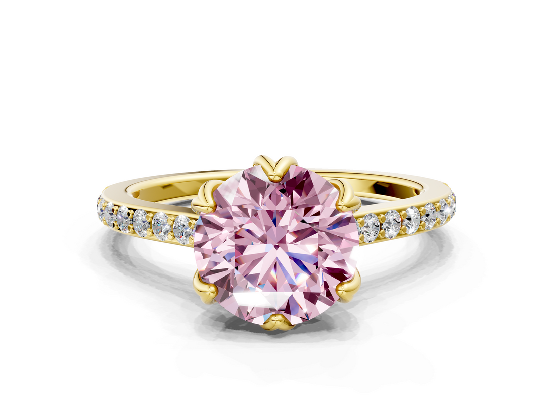 Yellow gold Fancy Pink Round  Solitaire Diamond Engagement Ring with Pave Band and Six-Prong Setting