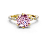 Yellow gold Fancy Pink Round  Solitaire Diamond Engagement Ring with Pave Band and Six-Prong Setting