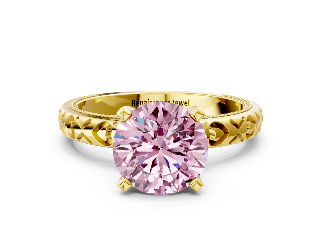 Yellow gold Fancy Pink Round  Solitaire Diamond Engagement Ring with XO Engraved Band and Four-Prong Setting 1