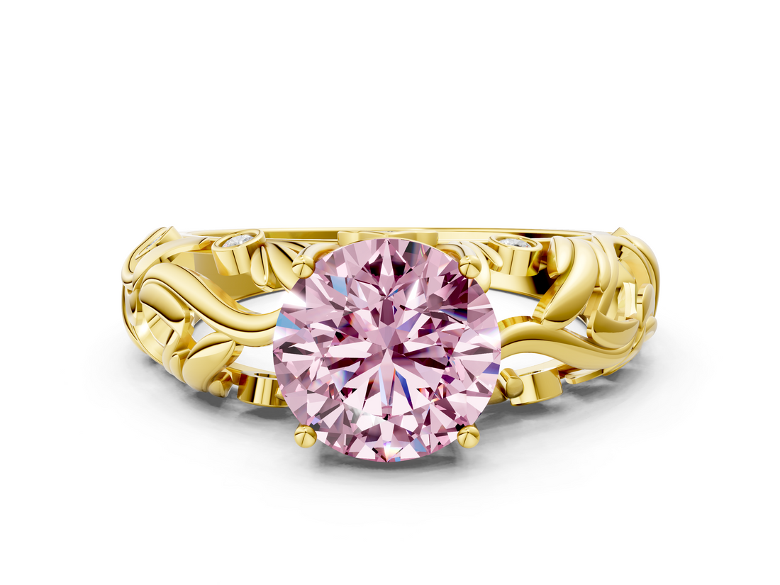 Yellow gold Fancy Pink Round  Solitaire Diamond Leaf Vine Band with Prong Setting