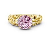 Yellow gold Fancy Pink Round  Solitaire Diamond Leaf Vine Band with Prong Setting