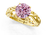 Yellow gold Fancy Pink Round  Solitaire Diamond Leaf Vine Band with Prong Setting_1