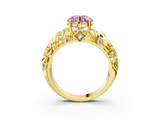 Yellow gold Fancy Pink Round  Solitaire Diamond Leaf Vine Band with Prong Setting_3