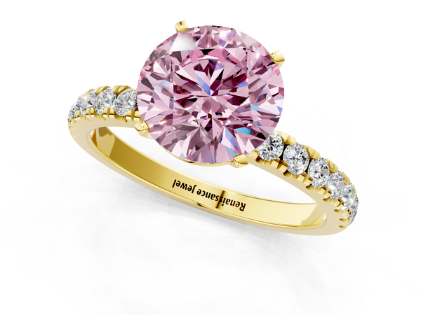Yellow gold Fancy Pink Round Cut Diamond Solitaire Ring with Pavé Accents and Four-Prong Setting