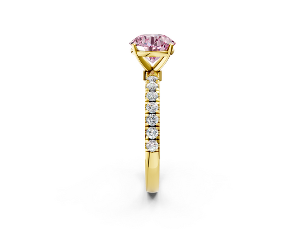 Yellow gold Fancy Pink Round Cut Diamond Solitaire Ring with Pavé Accents and Four-Prong Setting
