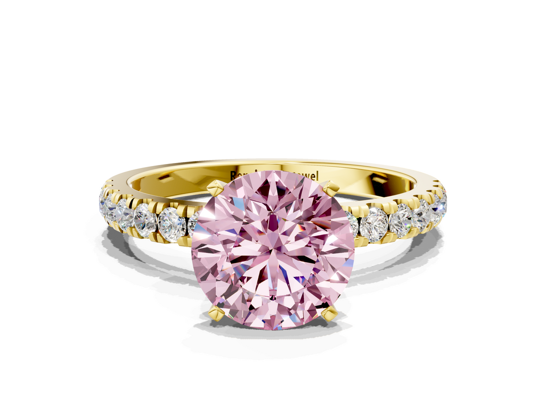 Yellow gold Fancy Pink Round  Solitaire Diamond Pavé Band with Four-Prong Setting