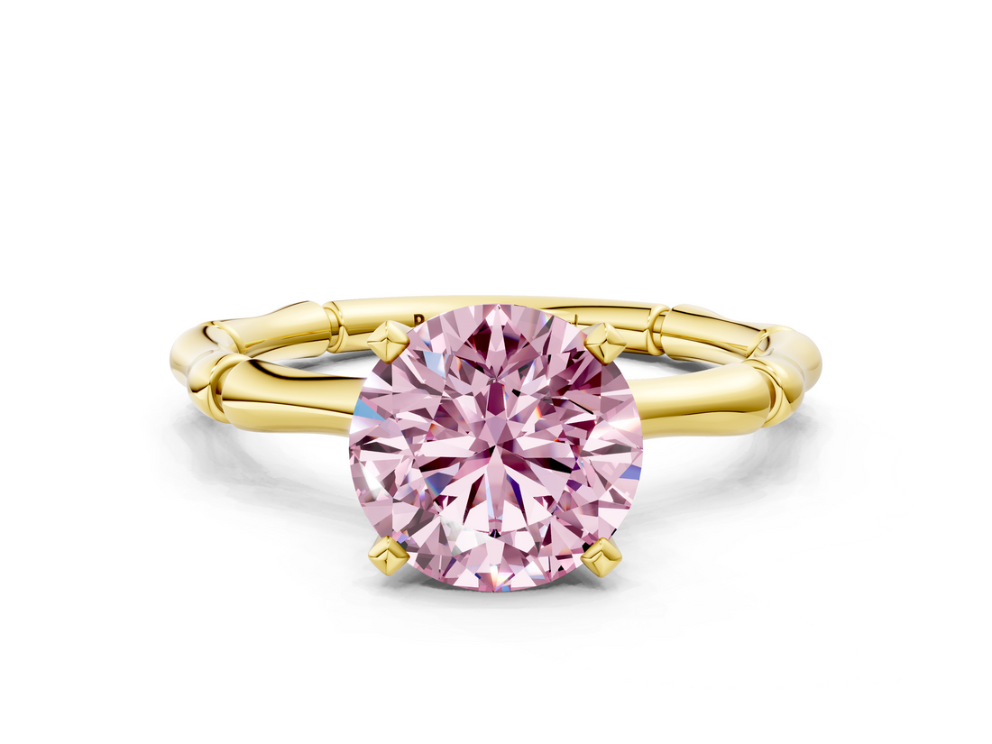 Yellow gold Fancy Pink Round  Solitaire Diamond Ring with Bamboo Band and Four-Prong Setting