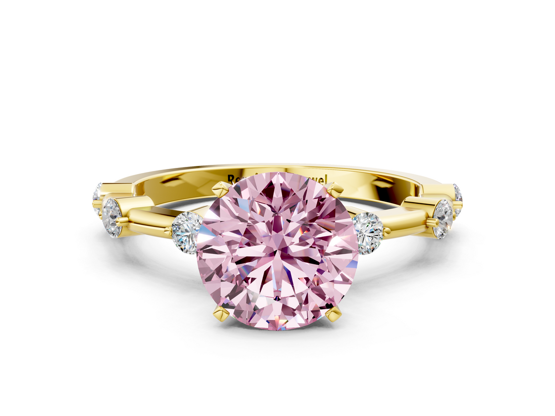 Yellow gold Fancy Pink Round  Solitaire Diamond Ring with Bezel Set Side Stones and Prong Setting