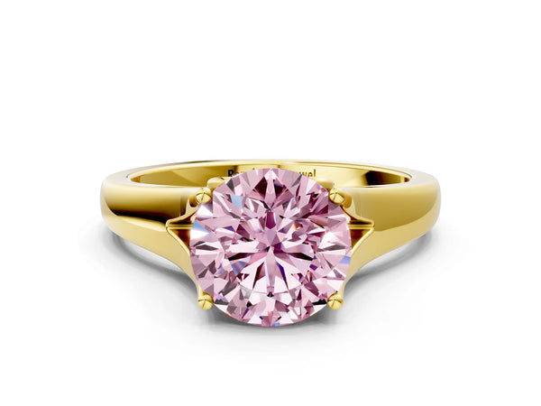 Yellow gold Fancy Pink Round  Solitaire Diamond Ring with Cathedral Band and Four-Prong Setting