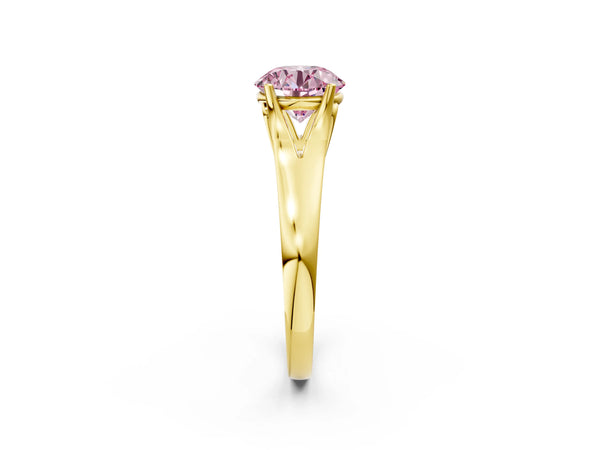 Yellow gold Fancy Pink Round  Solitaire Diamond Ring with Cathedral Band and Four-Prong Setting