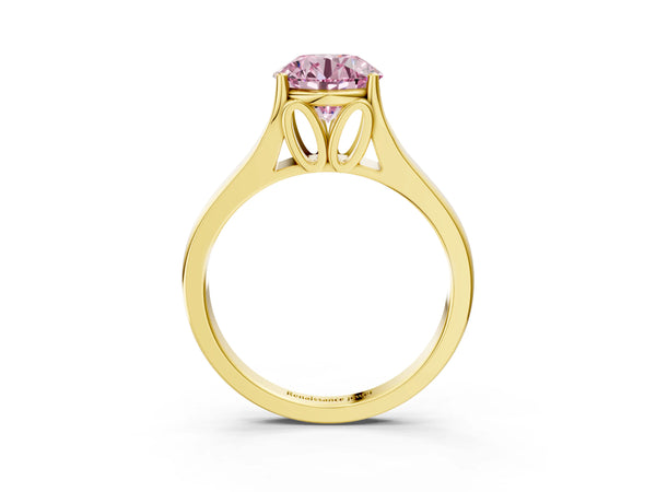 Yellow gold Fancy Pink Round  Solitaire Diamond Ring with Cathedral Band and Four-Prong Setting