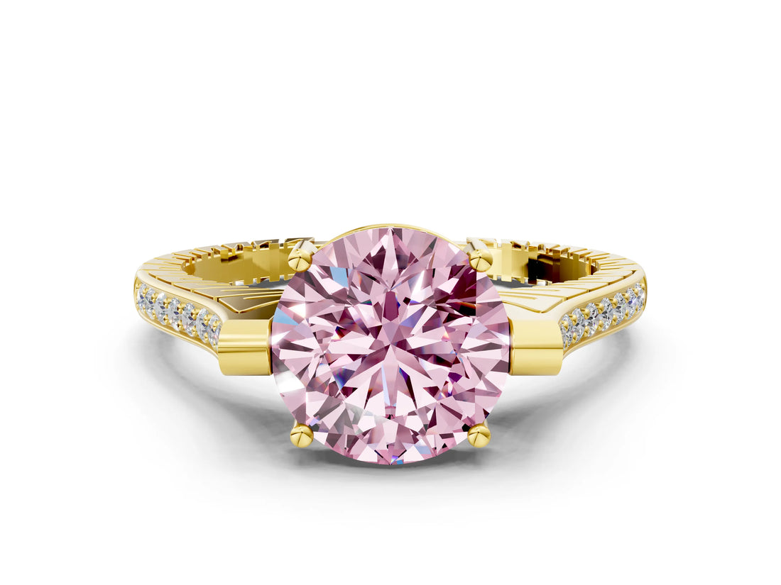 Yellow gold Fancy Pink Round  Solitaire Diamond Ring with Channel Set Band and Bezel Prong Setting_61