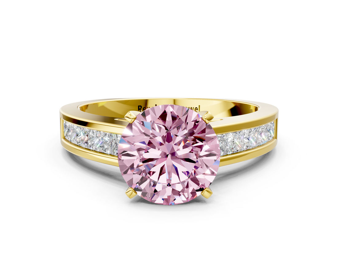 Yellow gold Fancy Pink Round  Solitaire Diamond Ring with Channel-Set Band and Four-Prong Setting_3