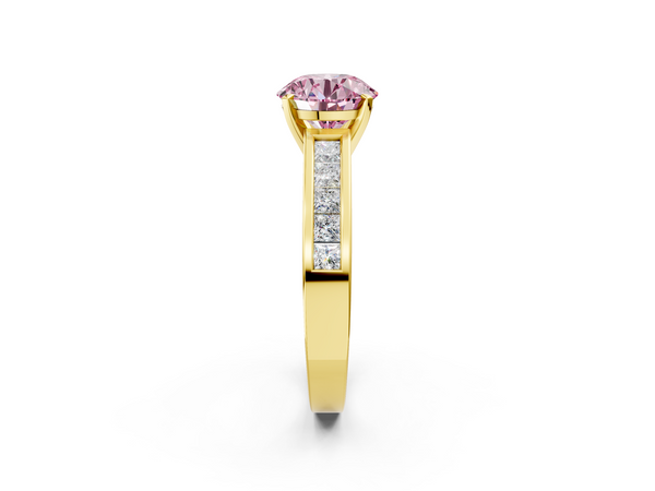 Yellow gold Fancy Pink Round  Solitaire Diamond Ring with Channel-Set Band and Four-Prong Setting