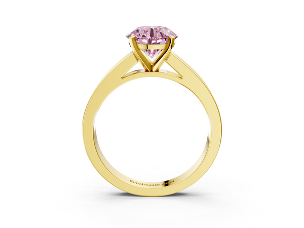 Yellow gold Fancy Pink Round  Solitaire Diamond Ring with Channel-Set Band and Four-Prong Setting